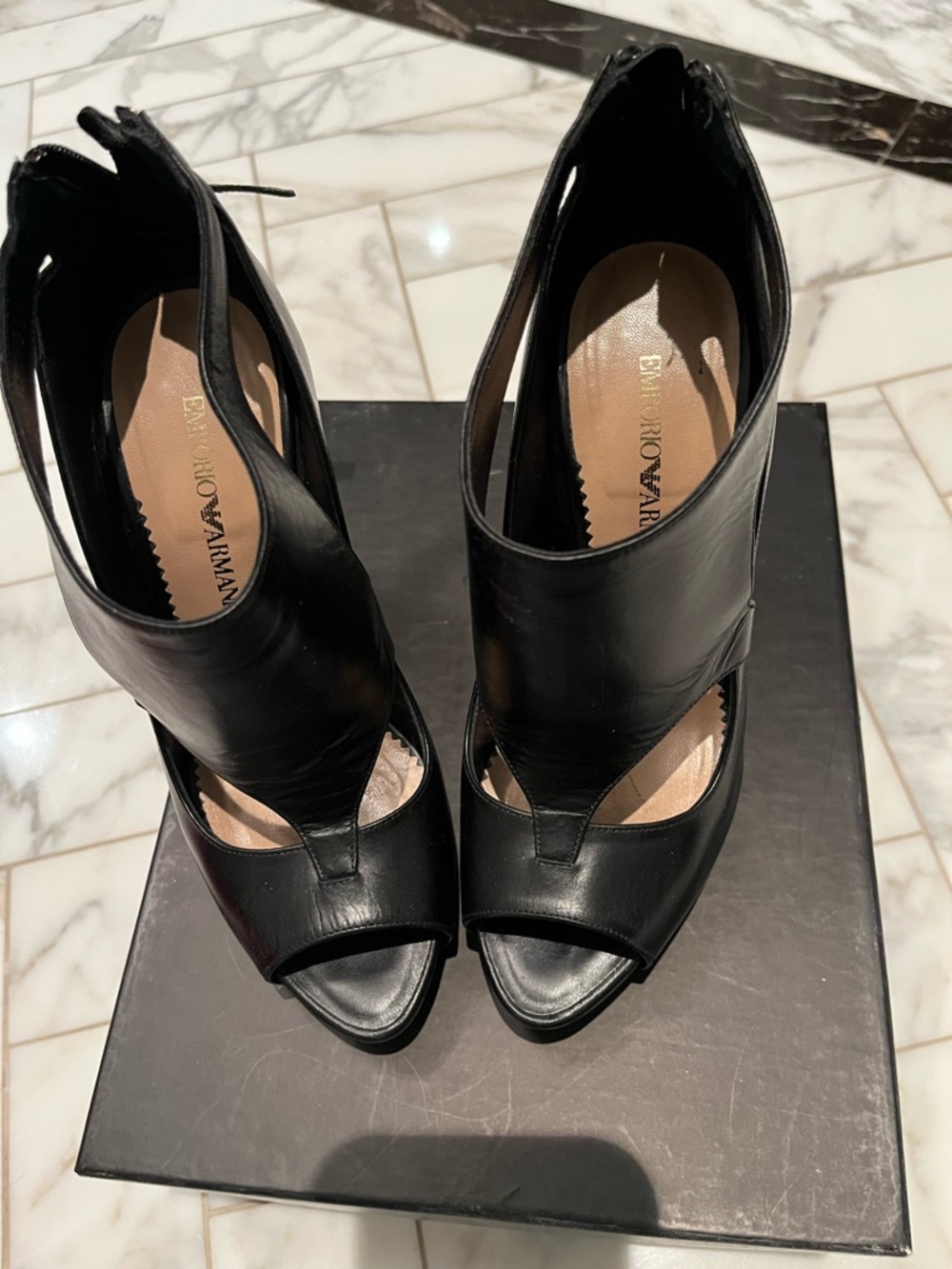Emporio Armani Black Leather Peep-Toe Booties shoes 35.5 worn twice